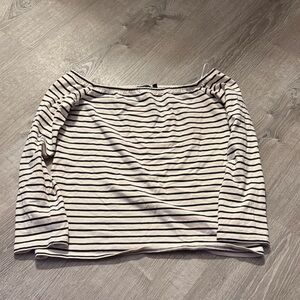 Theory Black and Cream Striped Off-Shoulder Top